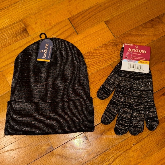 NWT Juncture women’s 2 piece winter bundle toboggan hat cap gloves black silver - Picture 1 of 9